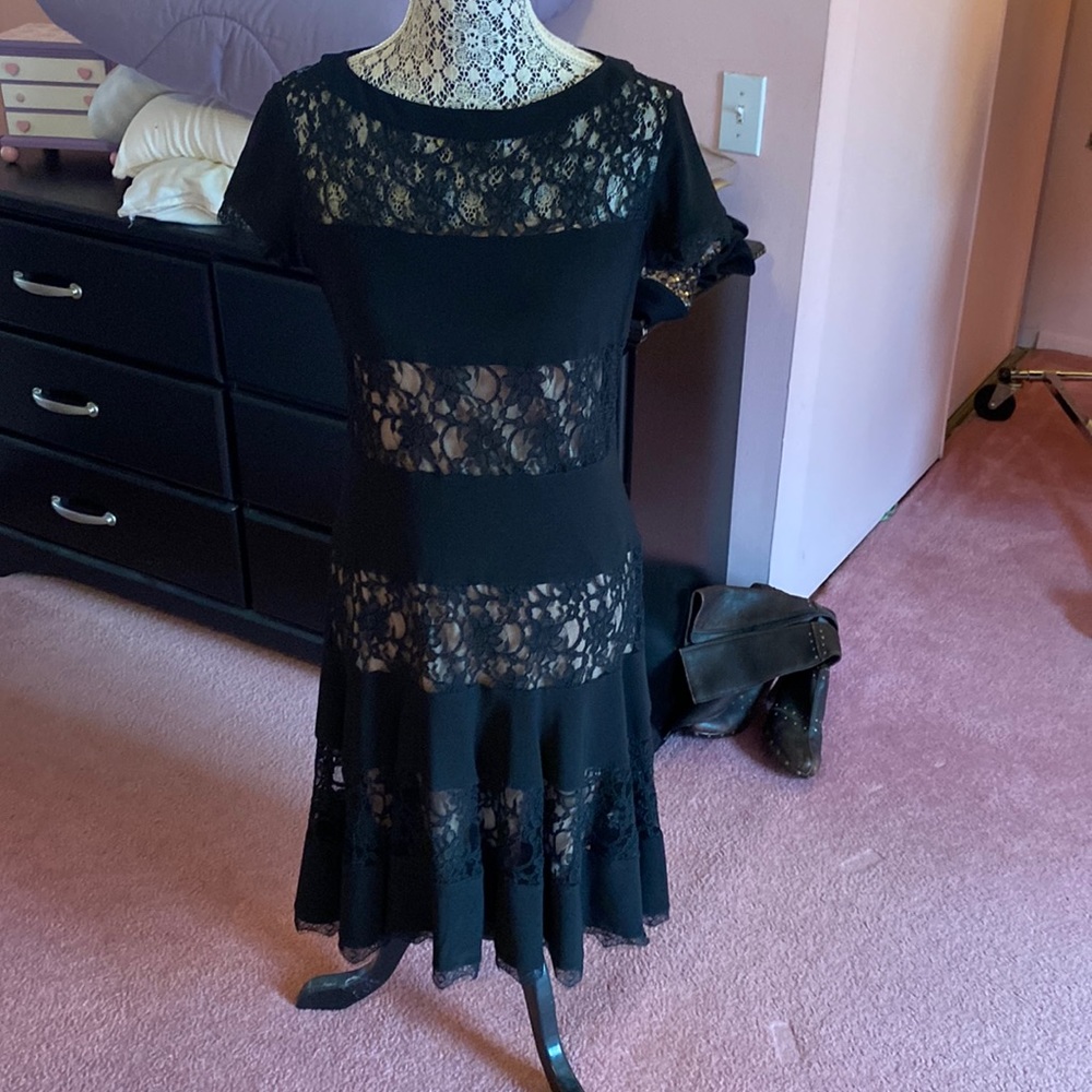 Joseph Ribkoff Black Lace Panel Fit-and-Flare Dress